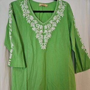 La Cera Lime Green Embroidered Tunic Top 3/4 sleeves Size Large